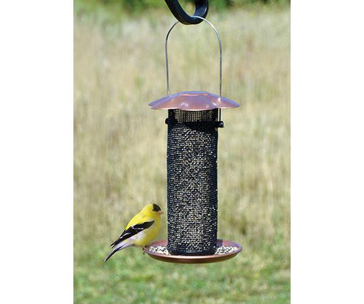 Petite Copper Thistle Feeder being used by a goldfinch