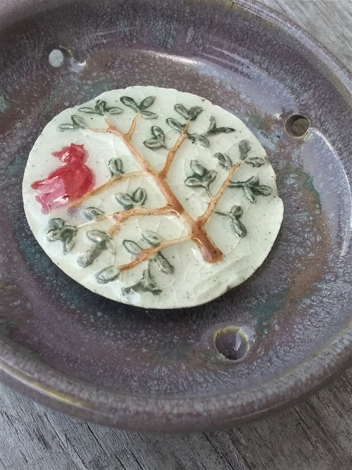 Nature Ceramic Soap Dish - Cardinal on Ivory Background - close up