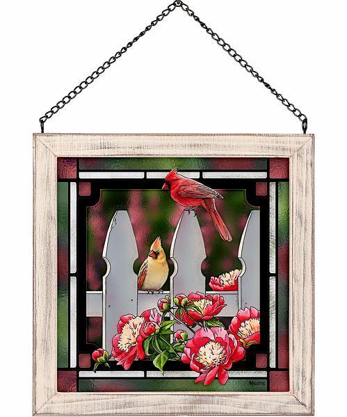 picket fence - cardinals stained glass art