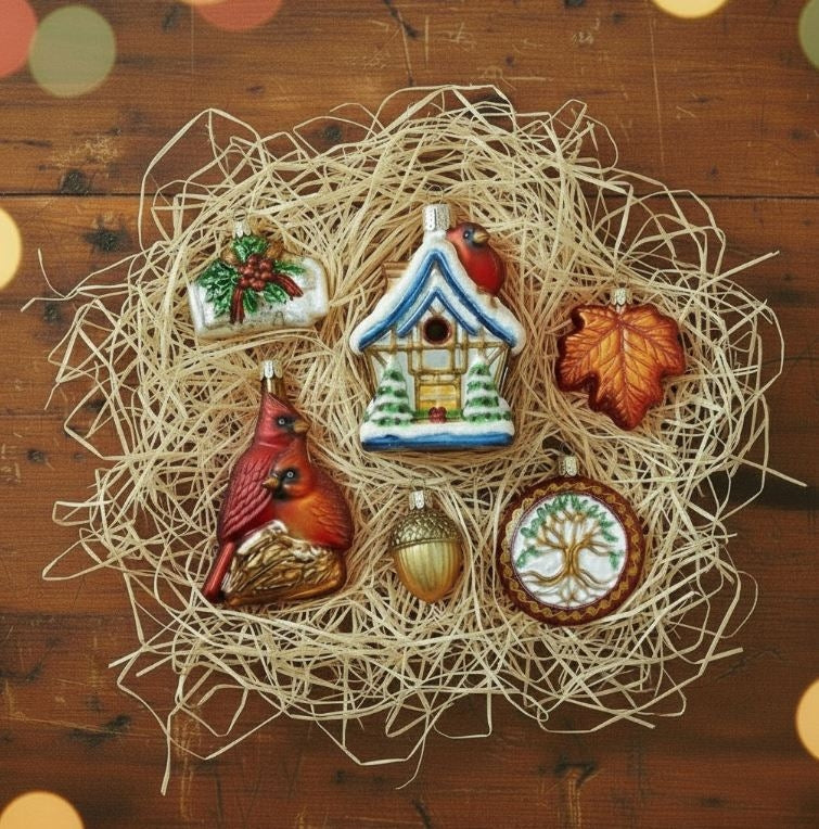 Collection of nature-themed Christmas ornaments