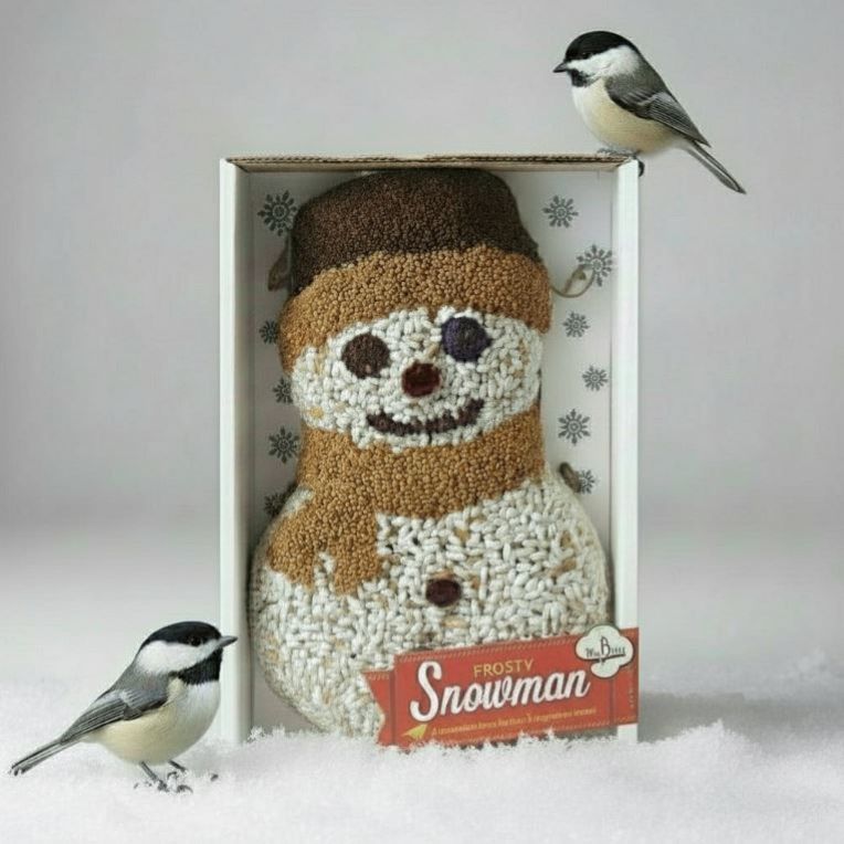 black-capped chickadees with frosty seed cake