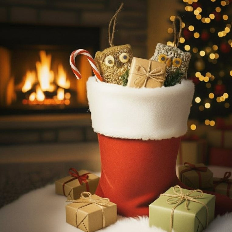 nature themed stocking stuffers in front of fireplace and Christmas tree