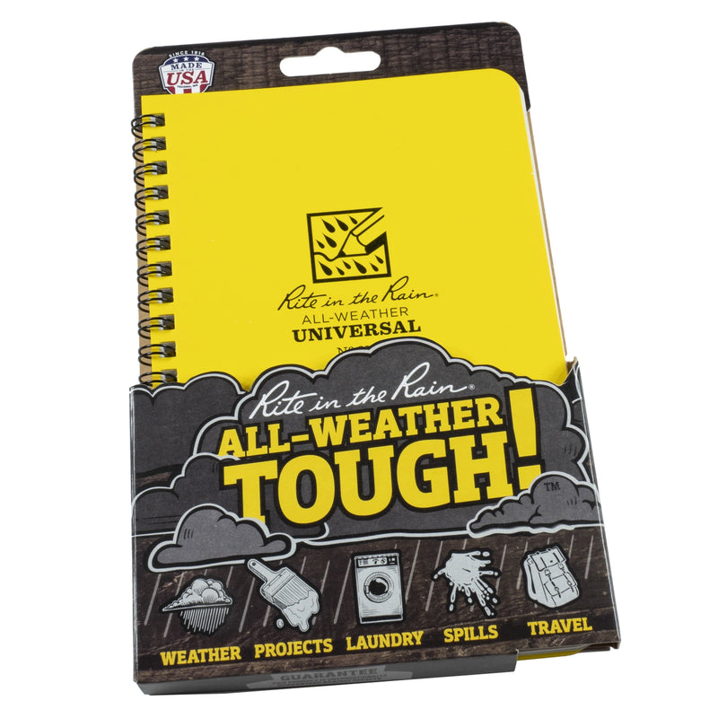 Yellow notebook with 'Rite in the Rain' packaging on a white background