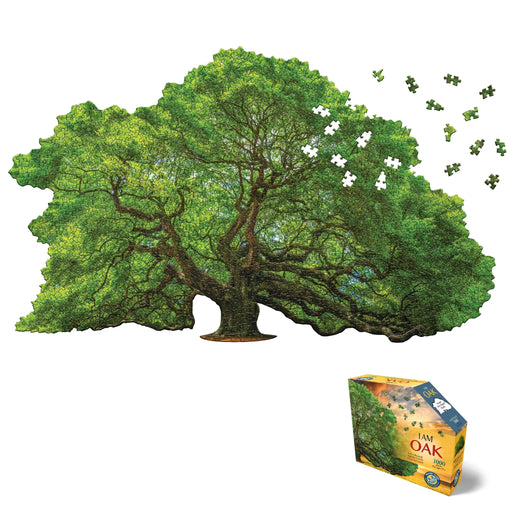 Partially assembled jigsaw puzzle featuring an oak tree