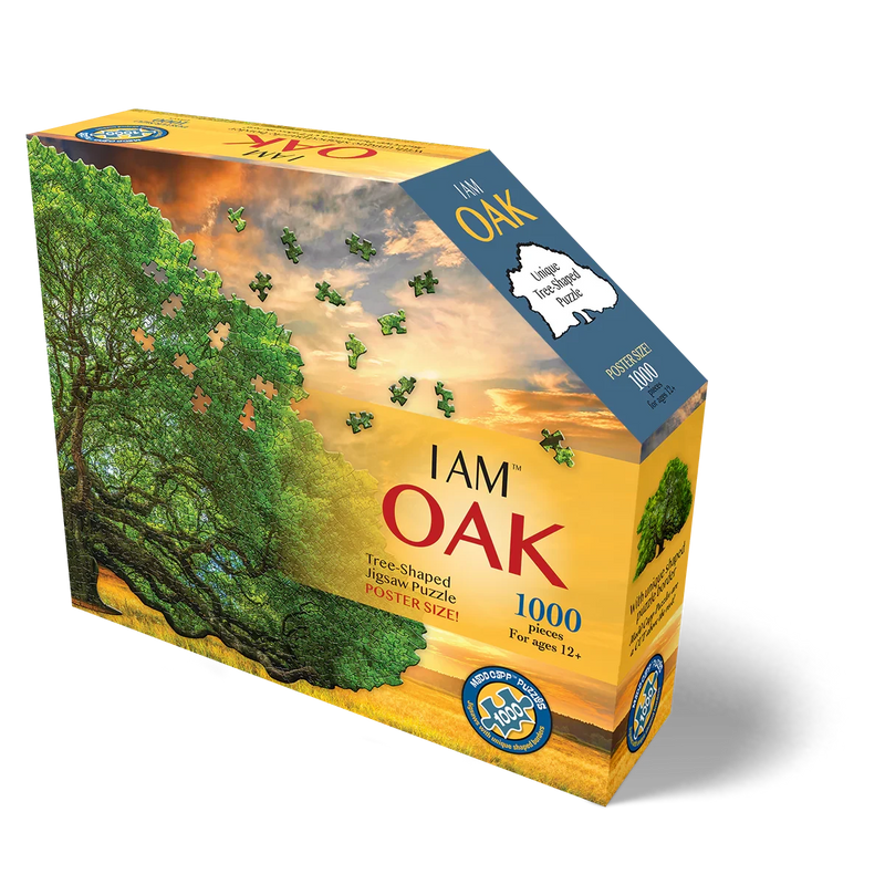 Jigsaw puzzle box featuring an image of an oak tree with 'I AM OAK' text.