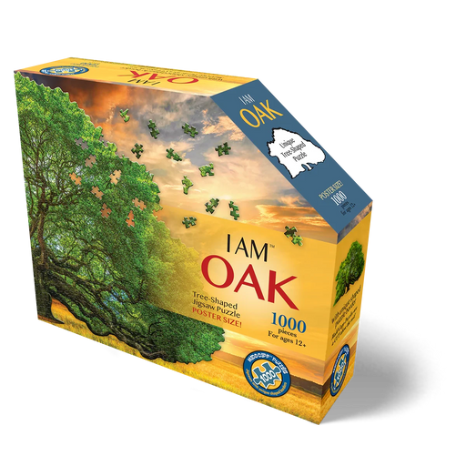 Jigsaw puzzle box featuring an image of an oak tree with 'I AM OAK' text.