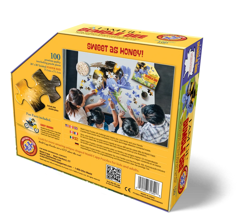 Puzzle box with photo of children assembling bee themed puzzle, illustration of large size puzzle piece