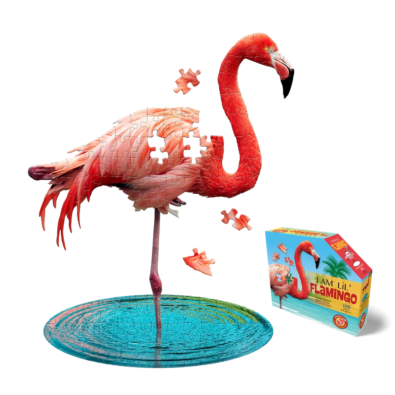 Flamingo puzzle, next to its packaging on a white background