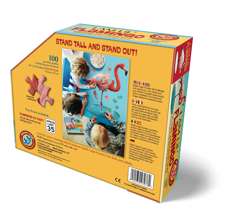 Flamingo-themed puzzle packaging with colorful design 