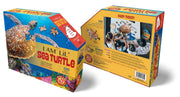 Colorful packaging of puzzle with sea turtle illustration.