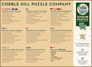 Back of puzzle box with information about the puzzle in different languages. 