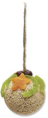 Round bird see ornament with star fruit and jute hanger on a white background