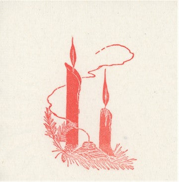 Red ink linocut print of two candles and greenery sprigs 