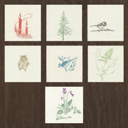 example of all napkins with Gwen Frostic illustrations on a wood grain background