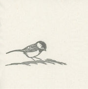 Simple linocut print of a chickadee on a branch 