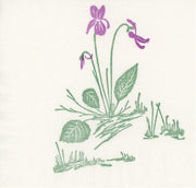 Linocut print of purple flowers with green leaves on a white background