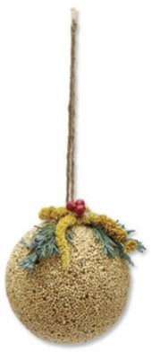 Textured seed ball ornament with floral decorations and a string on a white background