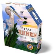 Jigsaw puzzle box featuring a blue heron design on a white background