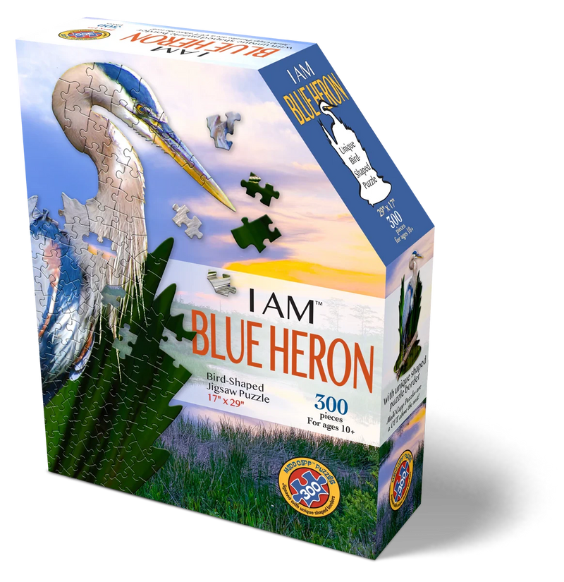 Jigsaw puzzle box featuring a blue heron design on a white background