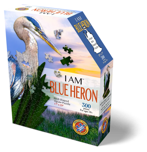 Jigsaw puzzle box featuring a blue heron design on a white background