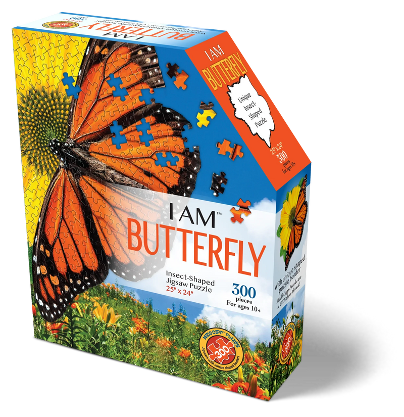 Jigsaw puzzle box featuring a butterfly design. 
