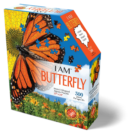 Jigsaw puzzle box featuring a butterfly design. 