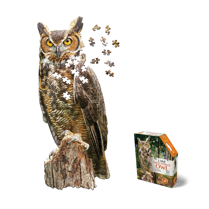 Partially assembled jigsaw puzzle featuring Great Horned Owl 