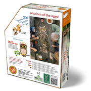 Puzzle box packaging with owl illustration and text on a white background