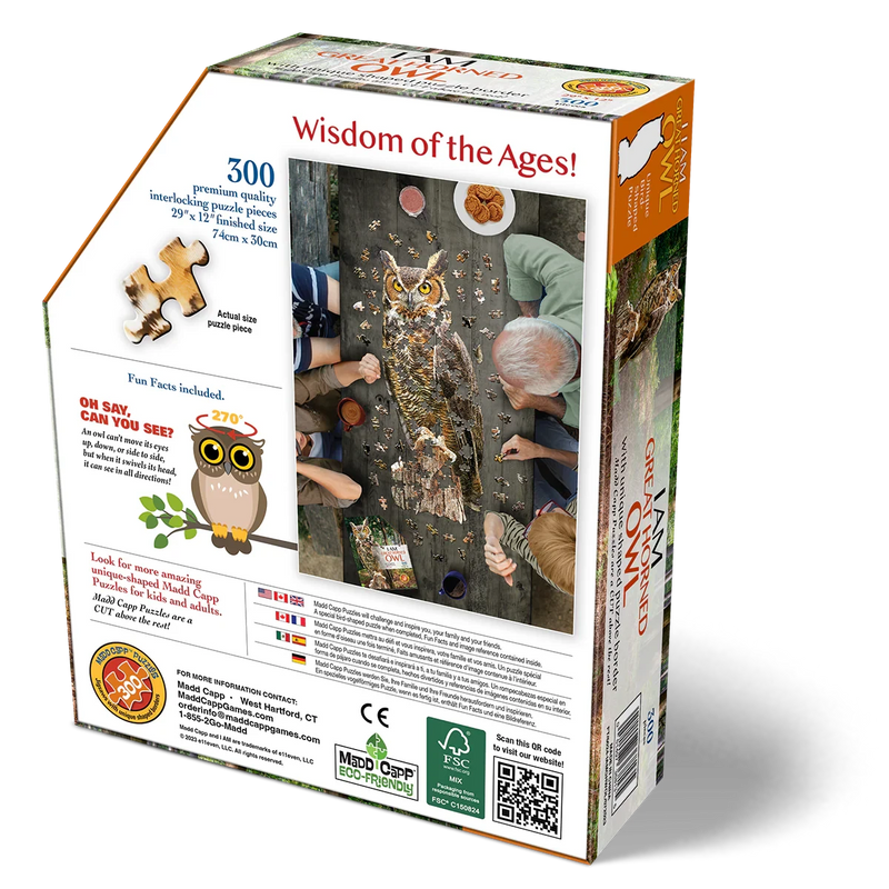 Puzzle box packaging with owl illustration and text on a white background