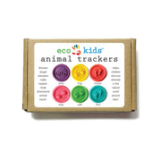Box of eco kids animal trackers with colorful stamps on a white background