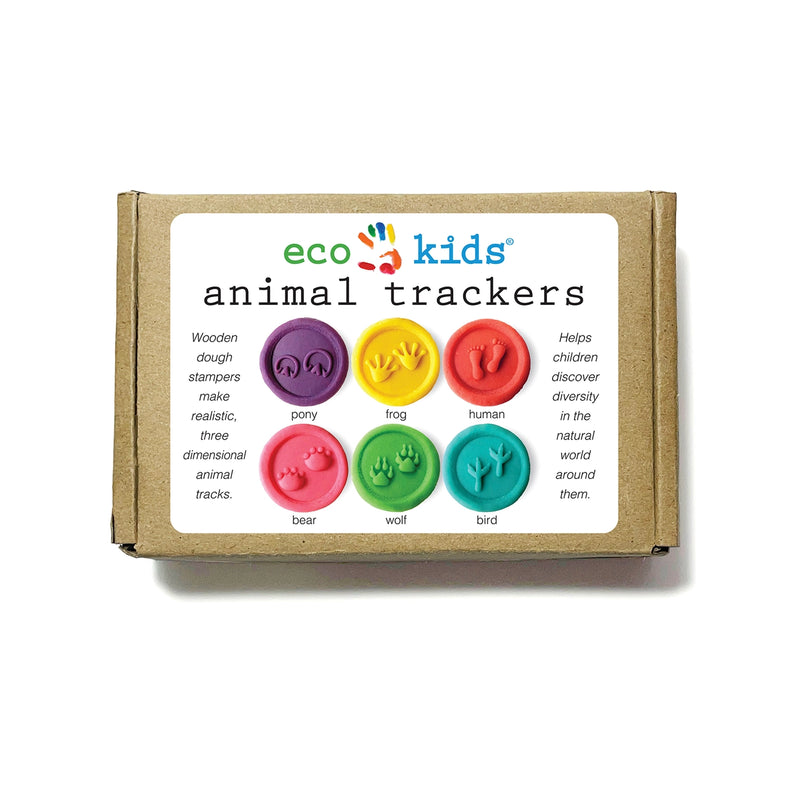 Box of eco kids animal trackers with colorful stamps on a white background