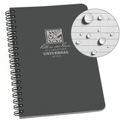 Gray notebook with 'Rite in the Rain' branding and water droplet illustration on a white background