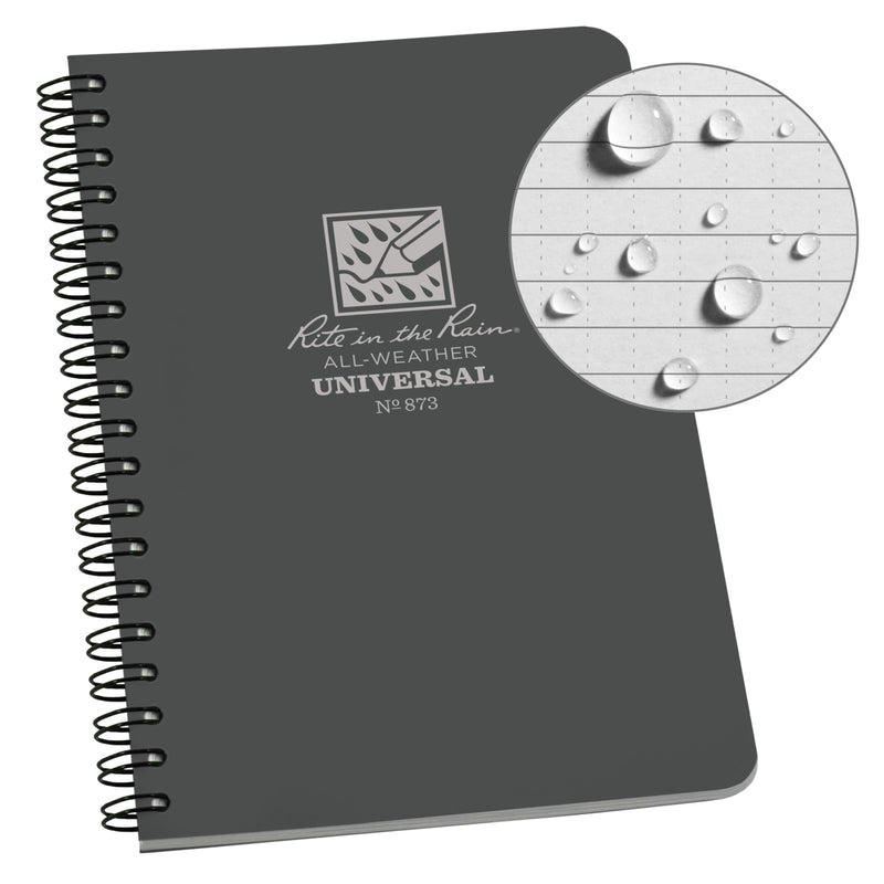 Gray notebook with 'Rite in the Rain' branding and water droplet illustration on a white background