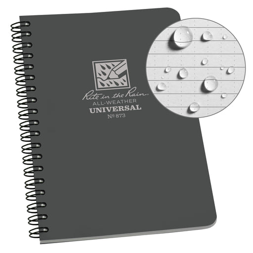 Gray notebook with 'Rite in the Rain' branding and water droplet illustration on a white background