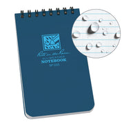 Blue notebook with 'Rite in the Rain' logo and close-up of water-resistant paper.