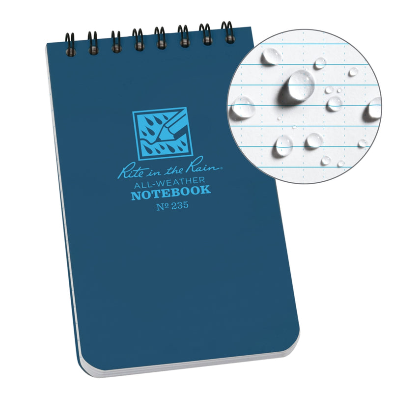 Blue notebook with 'Rite in the Rain' logo and close-up of water-resistant paper.