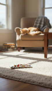 Long cylindrical toy with bird illustrations on a white background
