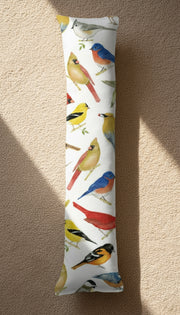 Long cylindrical toy with bird illustrations on a white background