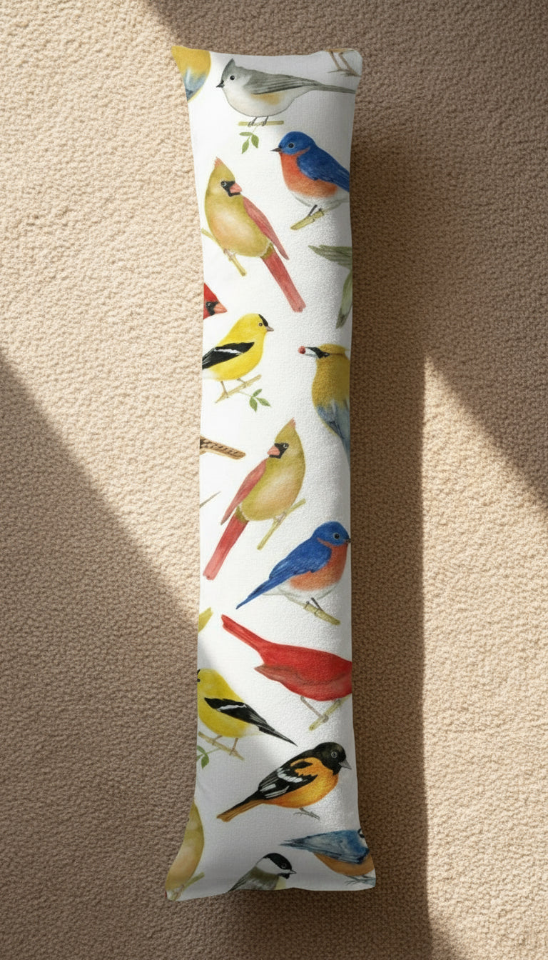 Long cylindrical toy with bird illustrations on a white background