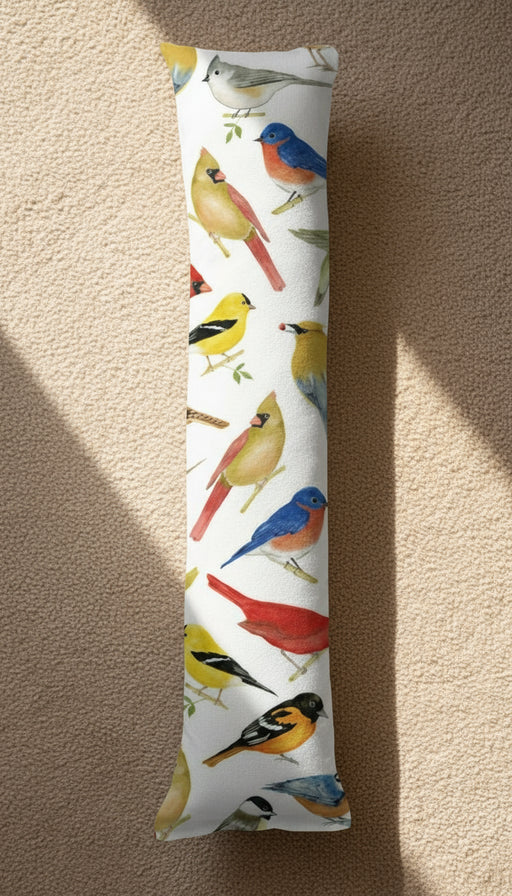 Long cylindrical toy with bird illustrations on a white background