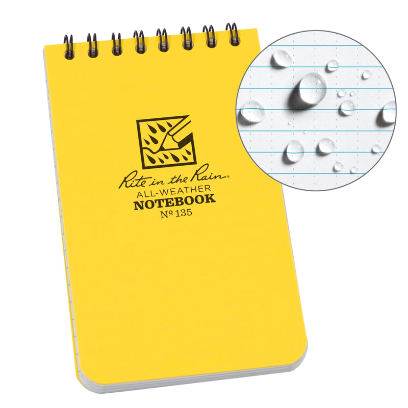 Yellow notebook with 'Rite in the Rain' logo and close-up of water-resistant paper.