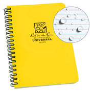 Yellow notebook with spiral binding and 'Rite in the Rain' branding, showing water-resistant paper.