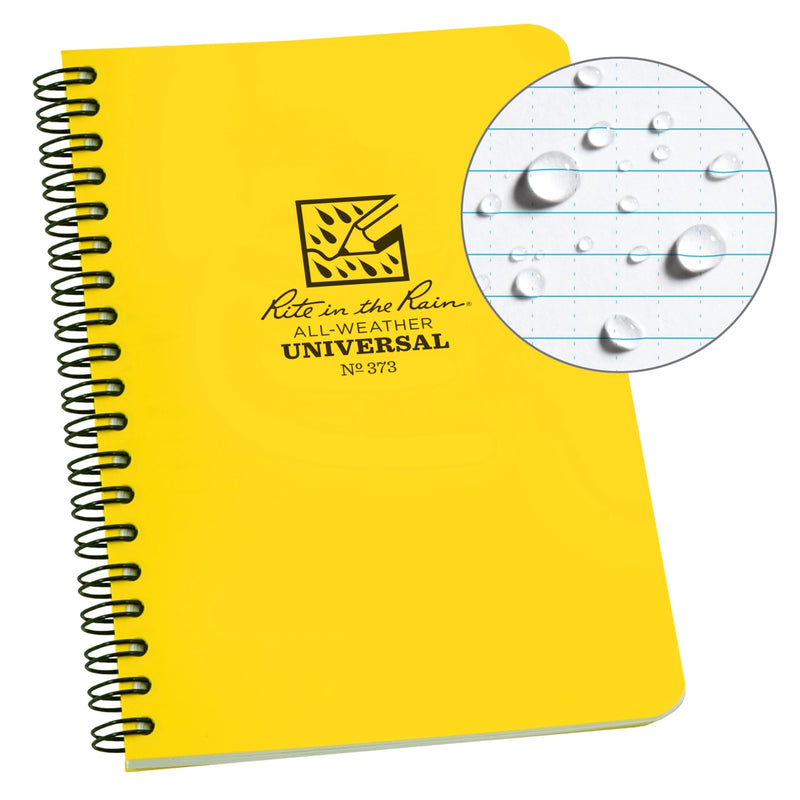 Yellow notebook with spiral binding and 'Rite in the Rain' branding, showing water-resistant paper.