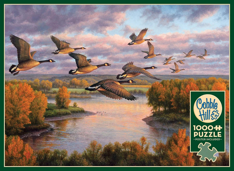 picture of box cover. Cloudy skies over a lake and autumnal trees featuring 14 geese migrating. 