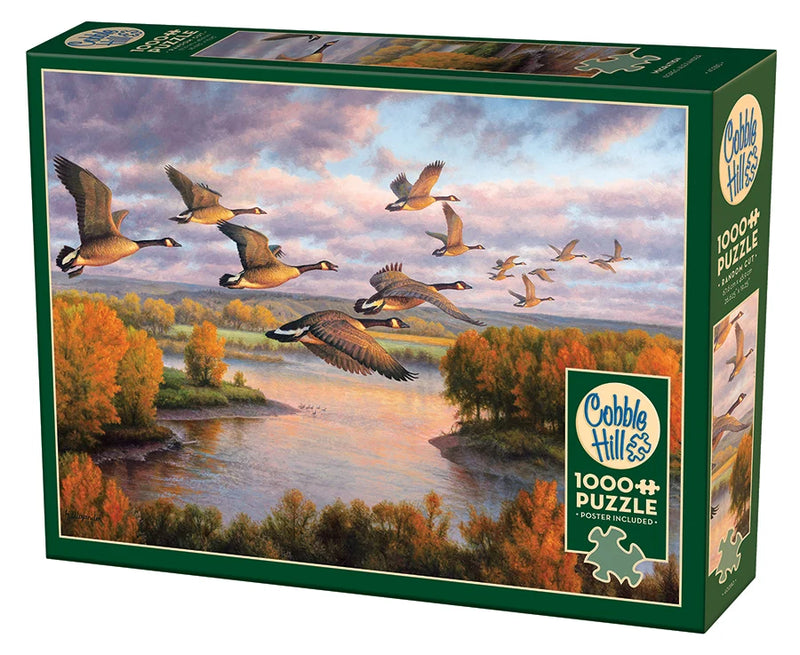 Showcasing the 1000 piece puzzle box with illustration of geese migrating 