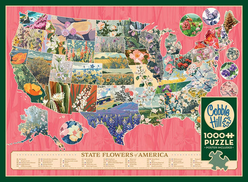 Straight on view of the puzzle. Showcases each state and their flower. Pink background. 