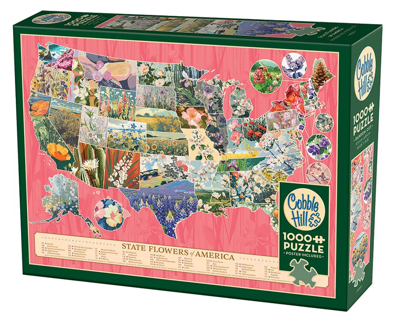 Cover of puzzle box showcasing the countries state flowers. Pink background. 