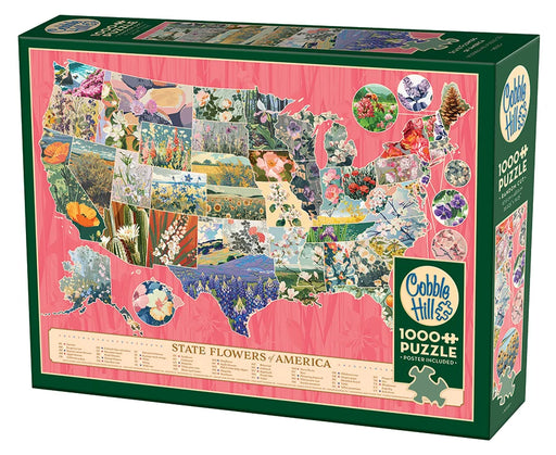 Cover of puzzle box showcasing the countries state flowers. Pink background. 