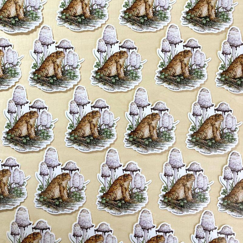 Sticker - American Toad with Shaggy Mane fungi and Clover