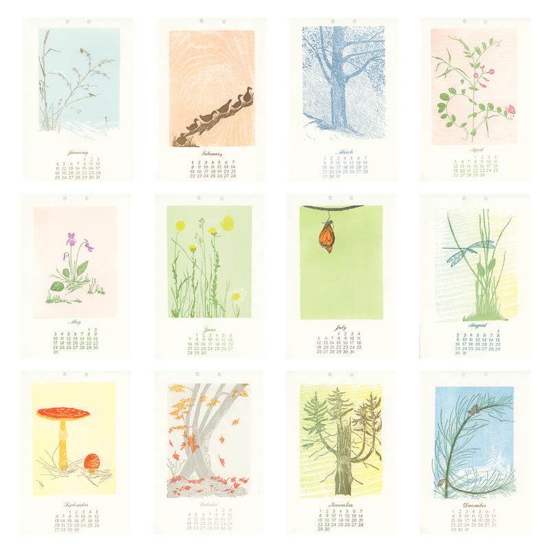 Calendar with illustrations of nature scenes on a white background